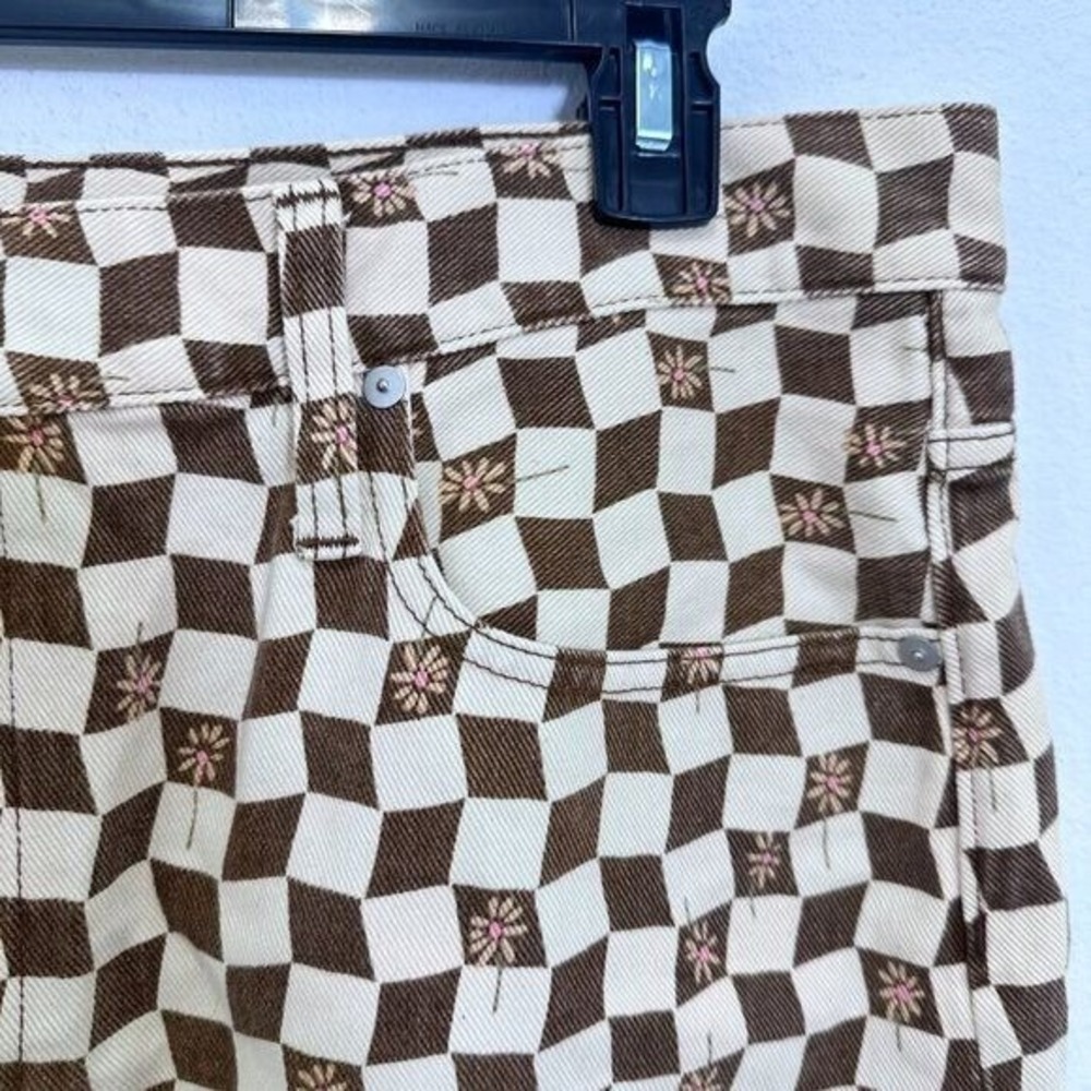 Madewell Brown Cream Daisy Checkered Print Denim Mini Skirt Size‎ 32 NWT - Picture 4 of 5